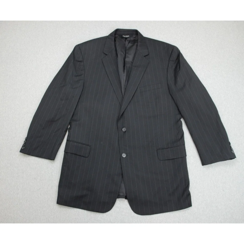 Jos A Bank Suit Mens 48L Black Pinstripe 100% Wool Pants Cuffed Pleated 38 x 30